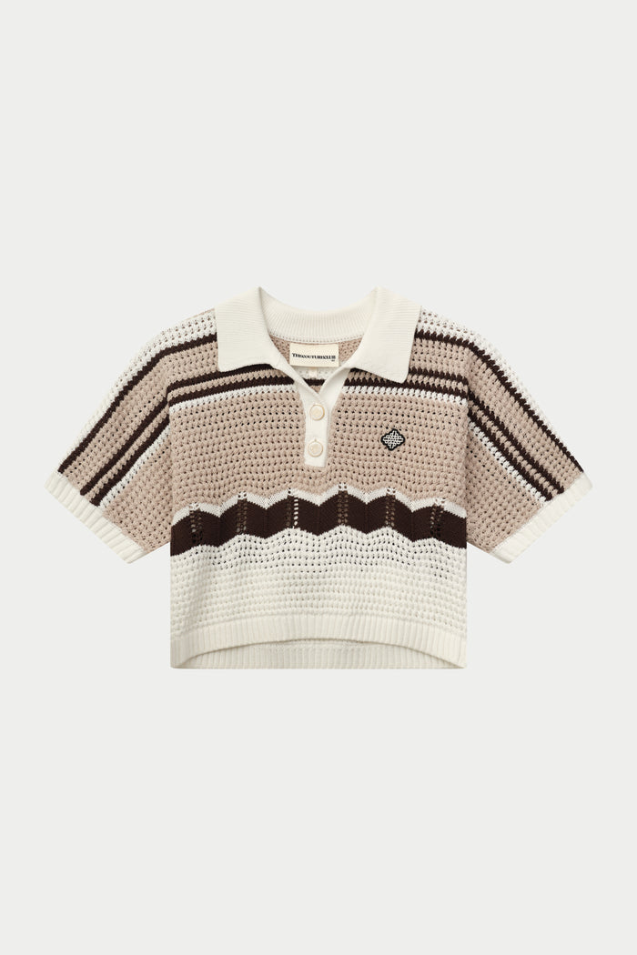 STRIPE CROCHET KNITTED OPEN COLLAR SHIRT - OFF WHITE