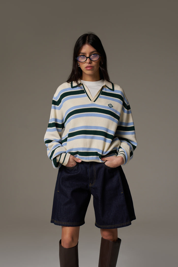 STRIPE KNITTED POLO SWEATSHIRT - OFF WHITE