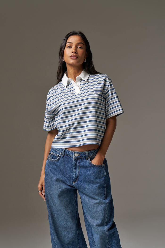 STRIPED POLO TEE - GREY