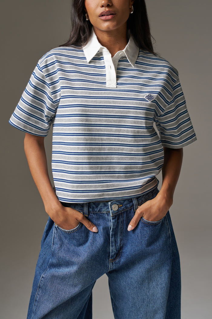 STRIPED POLO TEE - GREY