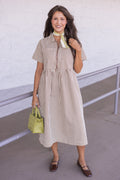 Women's chocolate and cream striped twill midi dress with zip front bodice by Wishlist