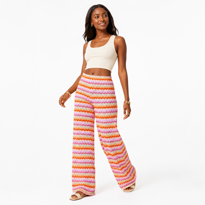 Full-length striped wide leg pants in knitted polyester fabric with moderate stretch and colorful everyday streetwear styling