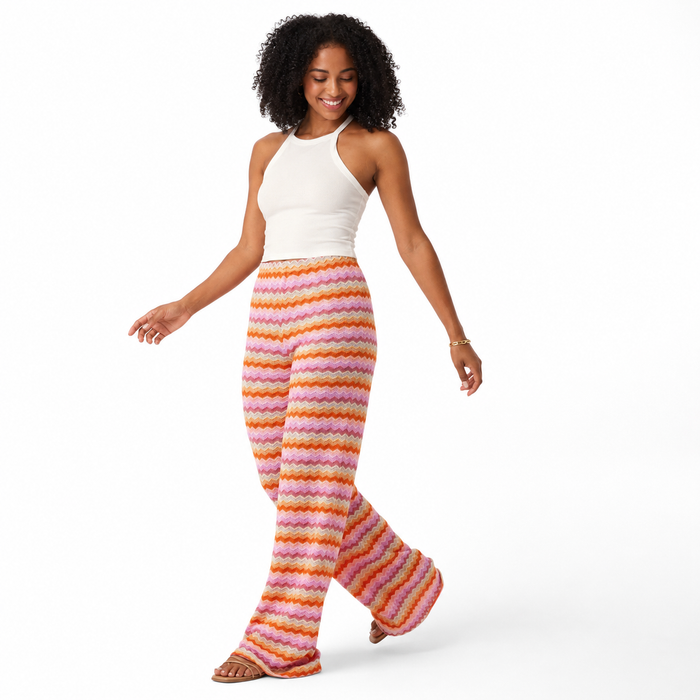 Multicolor wide leg pants for women with hanging stripe details, patchwork patterns and an elastic waist for daily streetwear