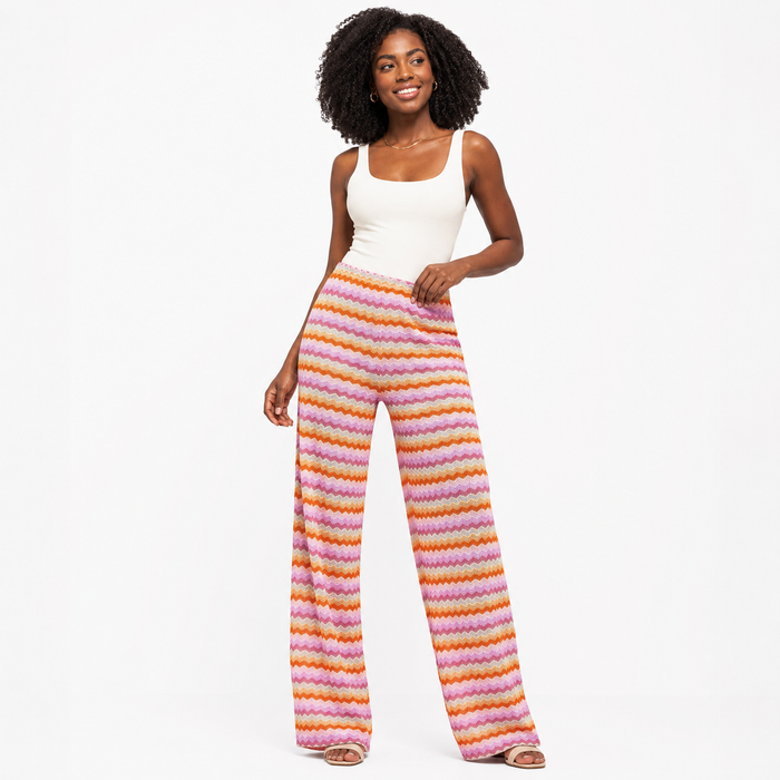 Street style striped pants for women with multicolor patchwork, full-length wide legs and their elastic waistband for styling