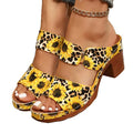 Summer sandals for women with an open round toe, buckle detail and graphic print, presented for casual summer outfit styling.