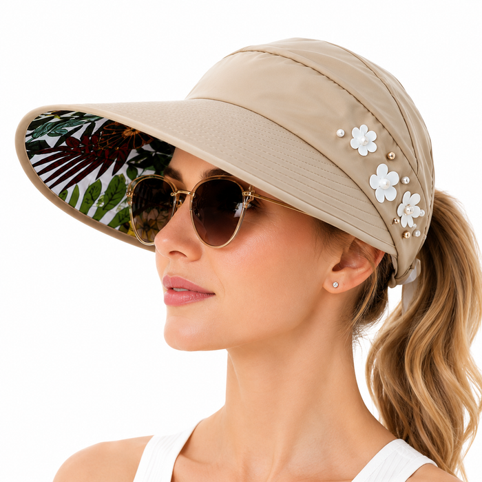 Sun hat for women with wide brim, ponytail-friendly shape, floral side detail, and soft beige summer styling outdoor for sun