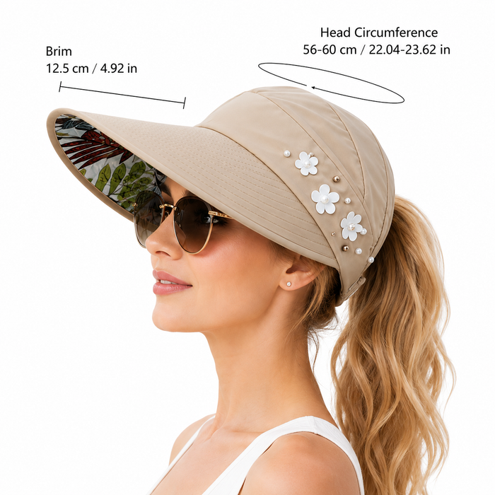 Wide brim sun hat for women in beige shade with floral accent, curved front brim, and casual travel-ready look now for sun ca