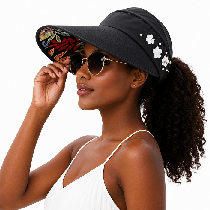 Elegant women beach hat with wide brim, soft neutral tone, decorative side flowers, and practical sunny day styling for sun c