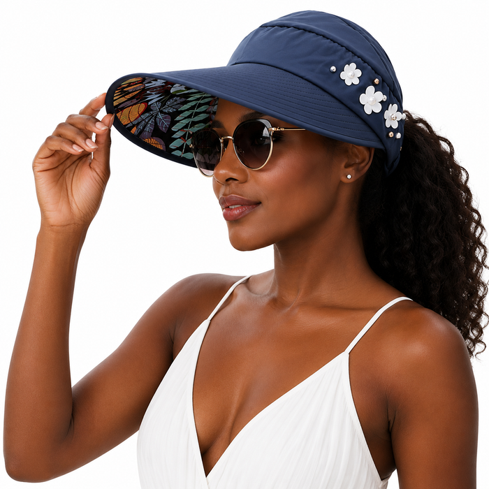 Travel sun hat for women with foldable-looking brim, ponytail fit, floral details, and comfortable daily outdoor style for su