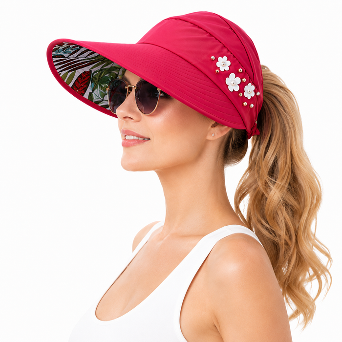 Casual wide brim hat for women with sunglasses styling, beige color, ponytail space, and polished summer outfit appeal for su