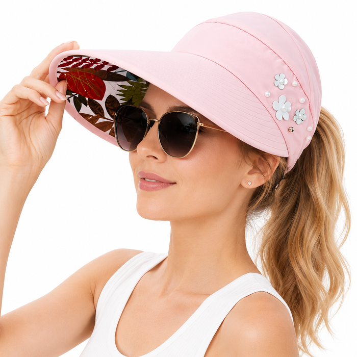 Women summer sun hat with wide brim, printed under-brim detail, floral accent, and lightweight everyday outdoor look for sun