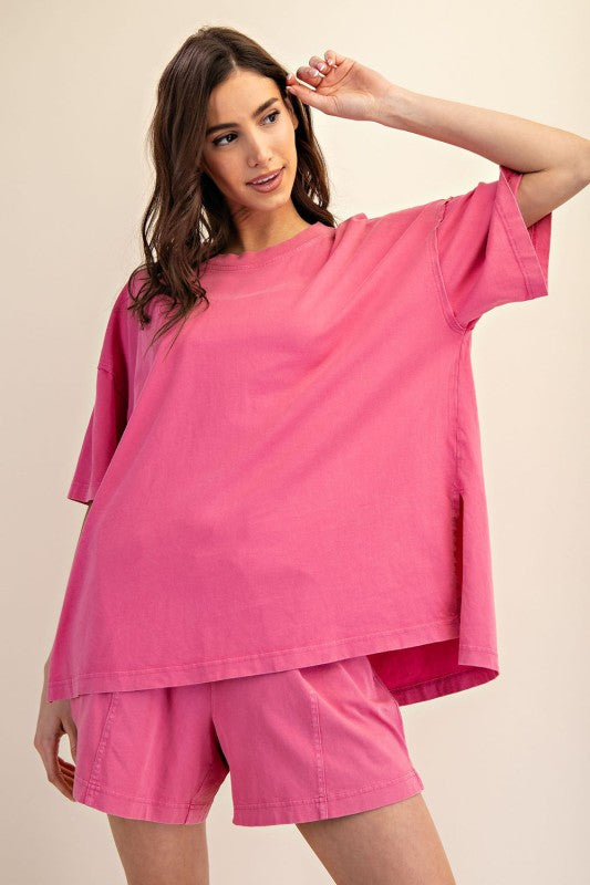 Women's oversized top in mineral washed french pink by Rae Mode