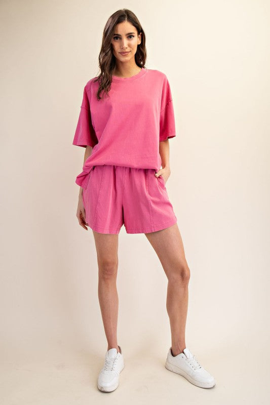 Women's oversized top in mineral washed french pink by Rae Mode showing full front view