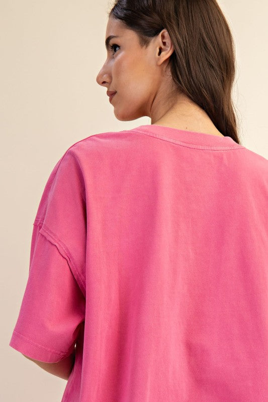 Women's oversized top in mineral washed french pink by Rae Mode showing back
