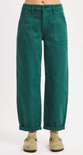 Risen Jeans hunter green ankle cuffed denim barrel pants with no rips