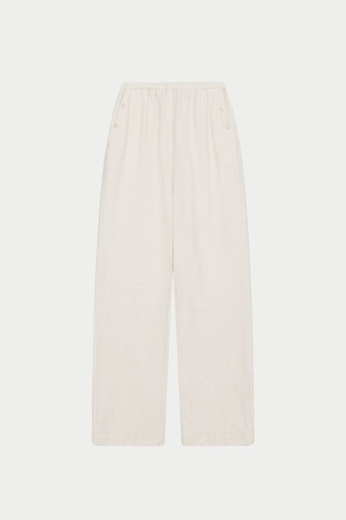 TEXTURED LINEN BUTTON DETAIL TROUSER - BEIGE