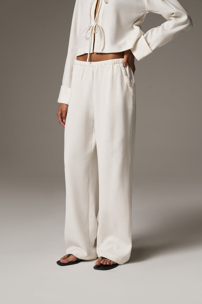 TEXTURED LINEN BUTTON DETAIL TROUSER - BEIGE