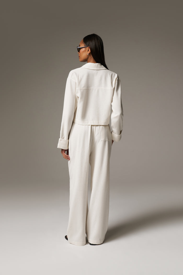 TEXTURED LINEN BUTTON DETAIL TROUSER - BEIGE