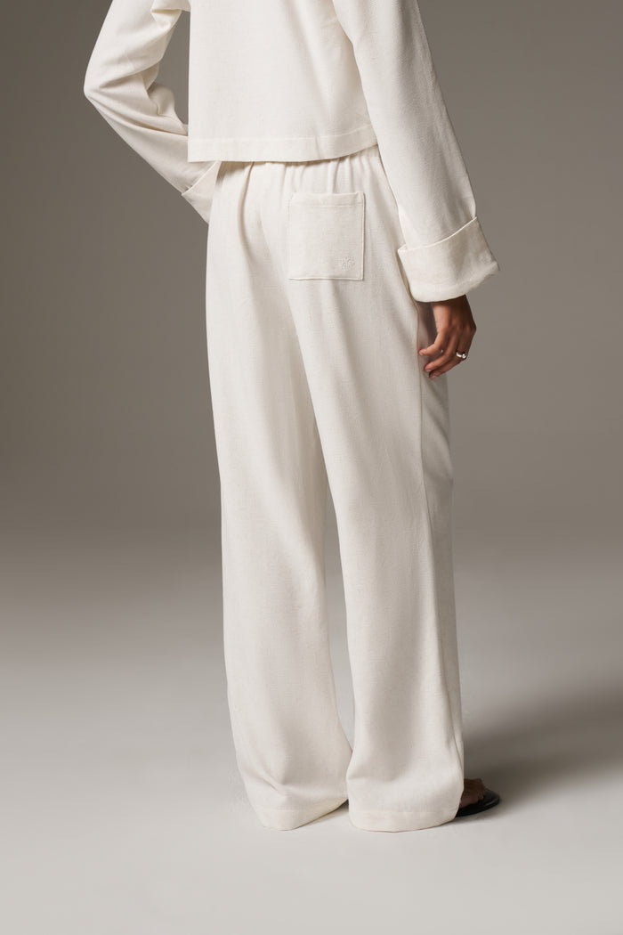 TEXTURED LINEN BUTTON DETAIL TROUSER - BEIGE