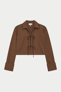 TEXTURED LINEN TIE FRONT SHIRT - BROWN
