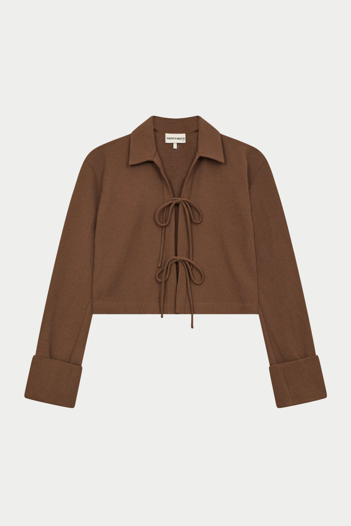 TEXTURED LINEN TIE FRONT SHIRT - BROWN