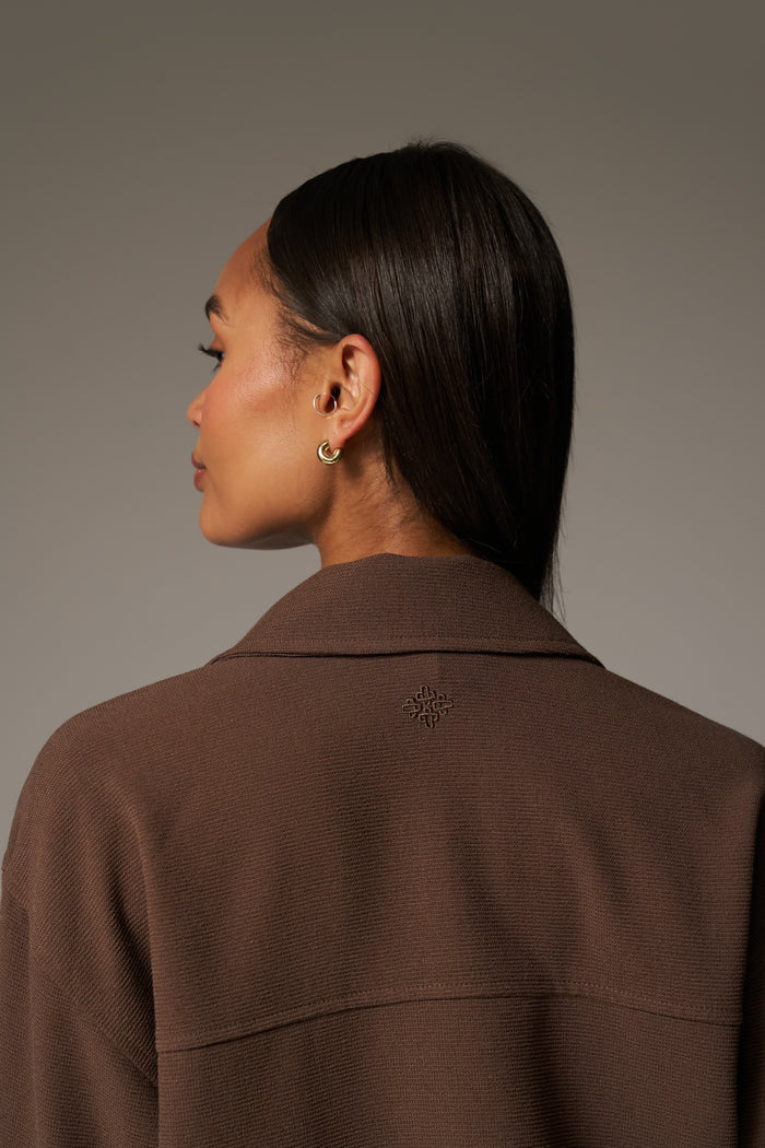TEXTURED LINEN TIE FRONT SHIRT - BROWN