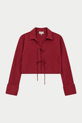 TEXTURED LINEN TIE FRONT SHIRT - BURGUNDY