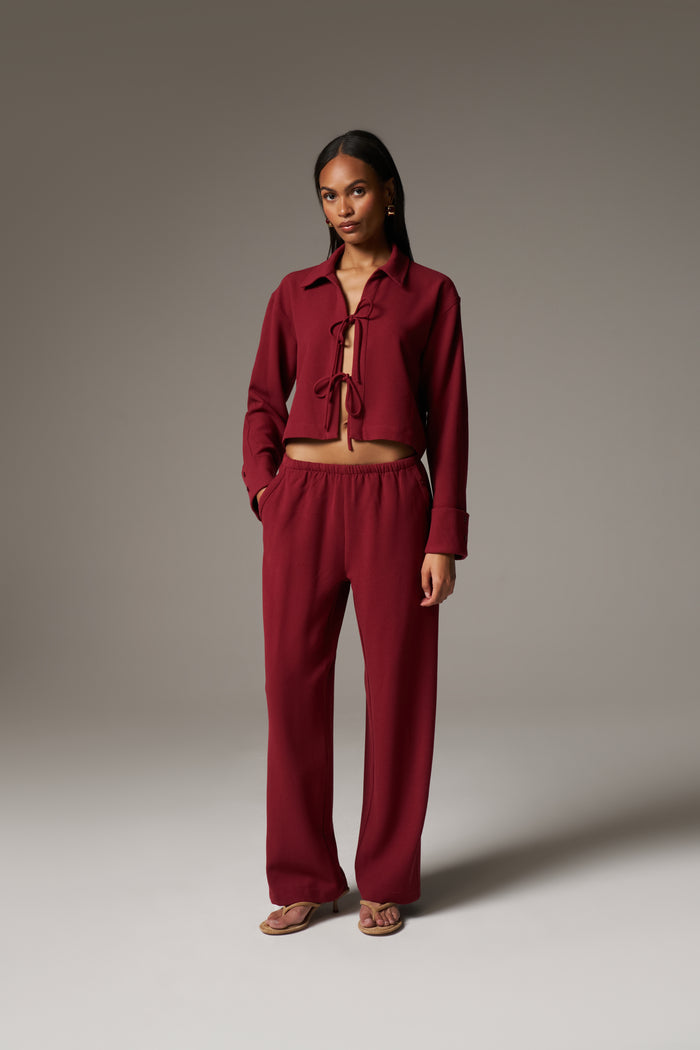 TEXTURED LINEN TIE FRONT SHIRT - BURGUNDY