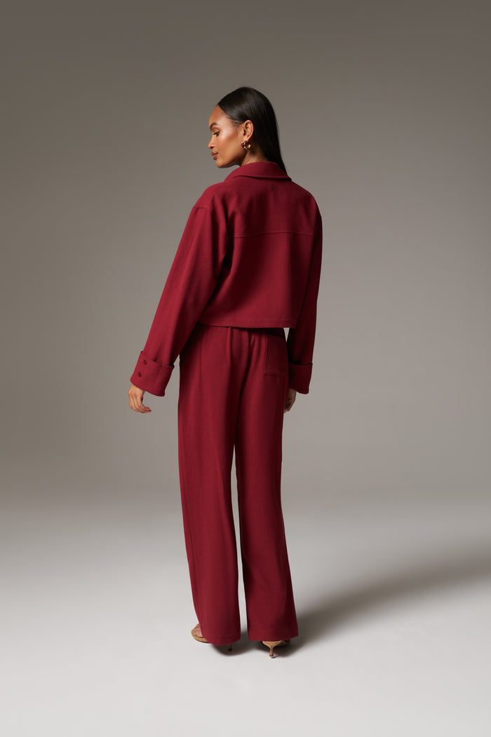 TEXTURED LINEN TIE FRONT SHIRT - BURGUNDY