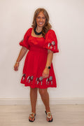 Women's red puff sleeve dress with sequin UGA Bulldogs by Stewart Simmons