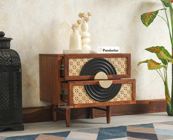 The Regal Solid Wood Rattan Bedside Table Two Drawer Furniselan Brown Finish