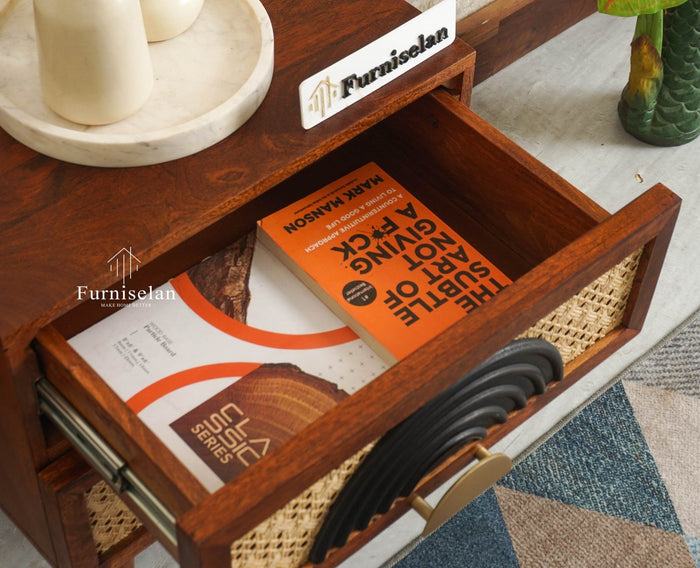 The Regal Solid Wood Rattan Bedside Table Two Drawer Furniselan Brown Finish