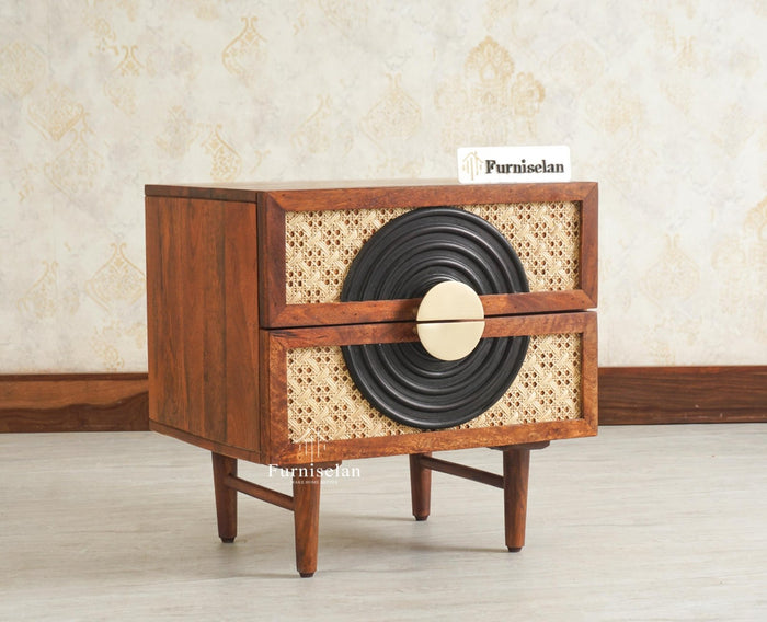 The Regal Solid Wood Rattan Bedside Table Two Drawer Furniselan Brown Finish