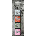 Ranger - Tim Holtz Distress Mini Ink Pads 4/Pkg - Kit #16. this package includes the colours: Speckled Egg, Crackling Campfire, Rustic Wilderness and Kitsch Flamingo. Available at embellishaway.ca in Bowmanville Ontario Canada.