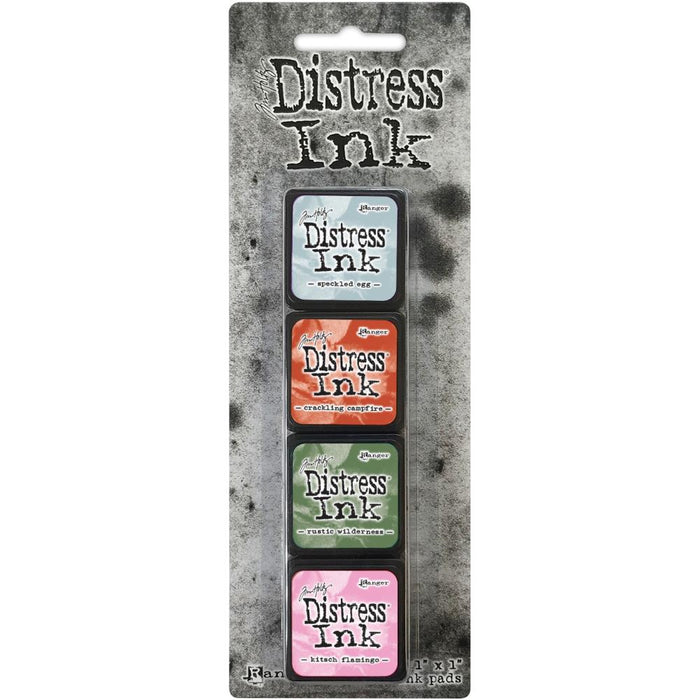 Ranger - Tim Holtz Distress Mini Ink Pads 4/Pkg - Kit #16. this package includes the colours: Speckled Egg, Crackling Campfire, Rustic Wilderness and Kitsch Flamingo. Available at embellishaway.ca in Bowmanville Ontario Canada.