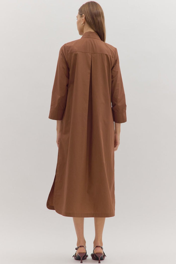 entro solid long sleeve brown midi dress back