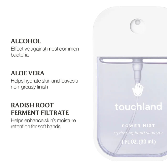 Touchland power mist hand sanitizer with ingredients listed