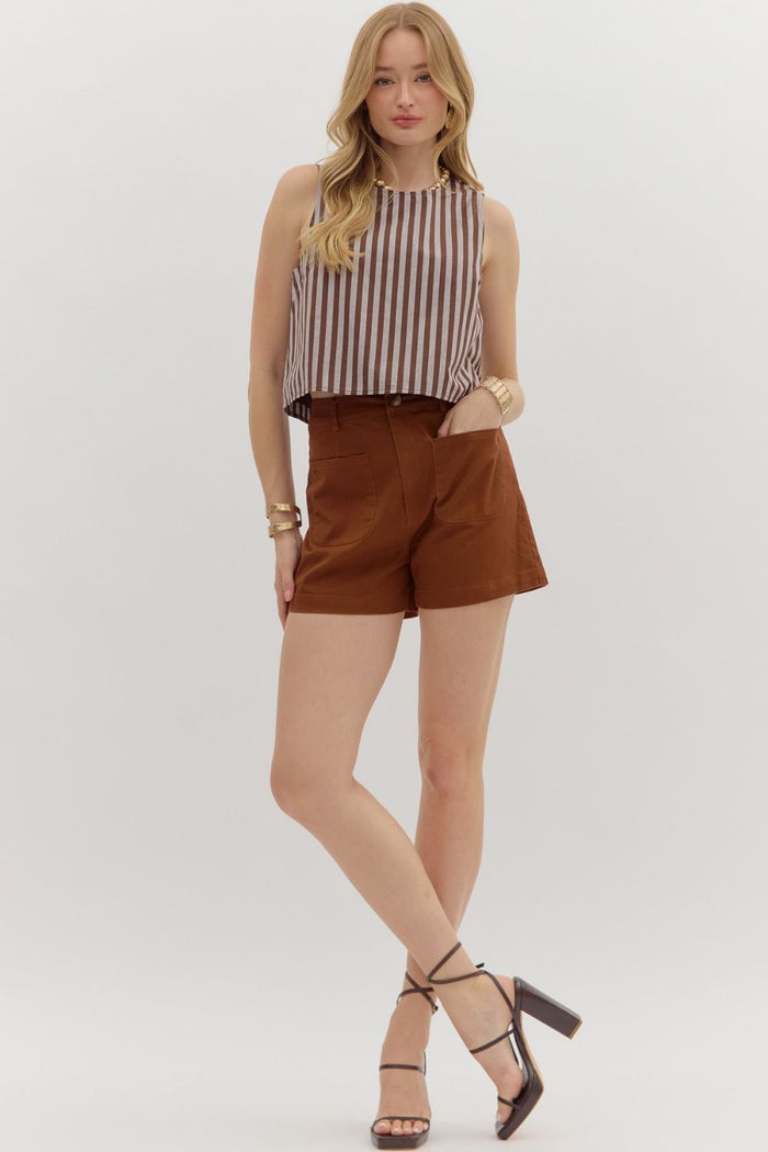 Women's chestnut twill denim shorts with button zipper closure by Entro showing full front closure