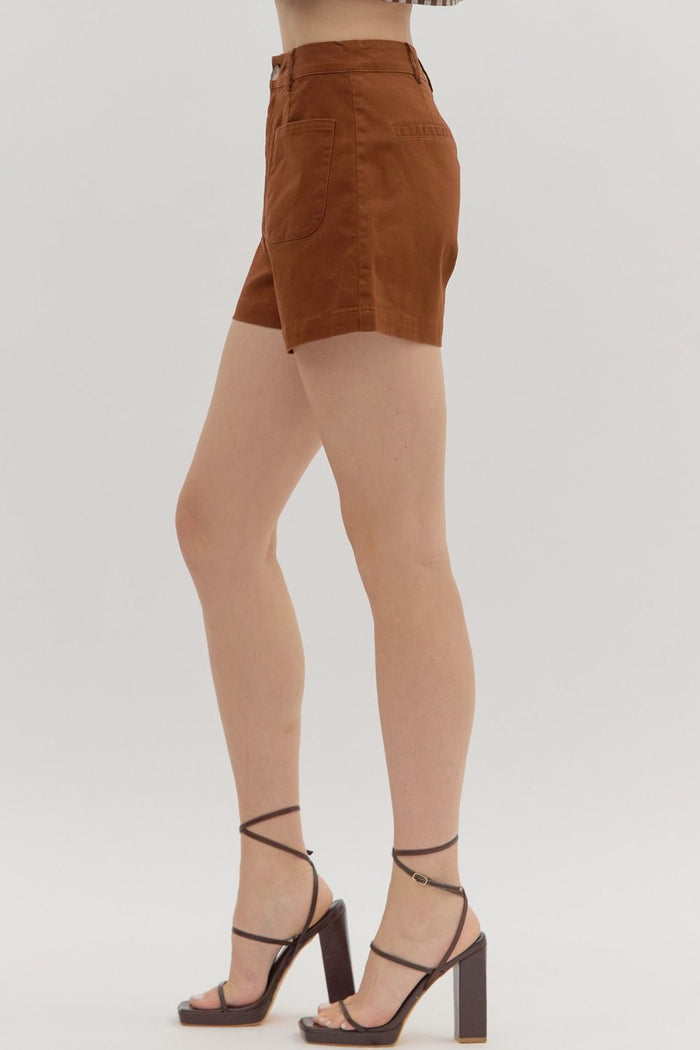 Women's chestnut twill denim shorts with button and zipper closure by Entro showing side view