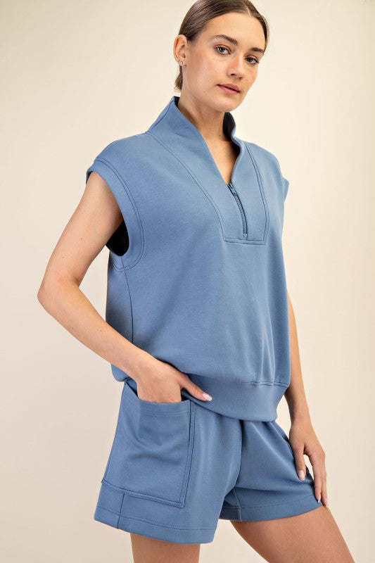 Women's paradise blue scuba knit sleeveless top by Rae Mode