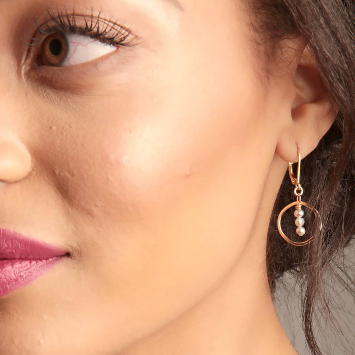 Treble Dainty Three Pearl Circle Earrings - gold filled