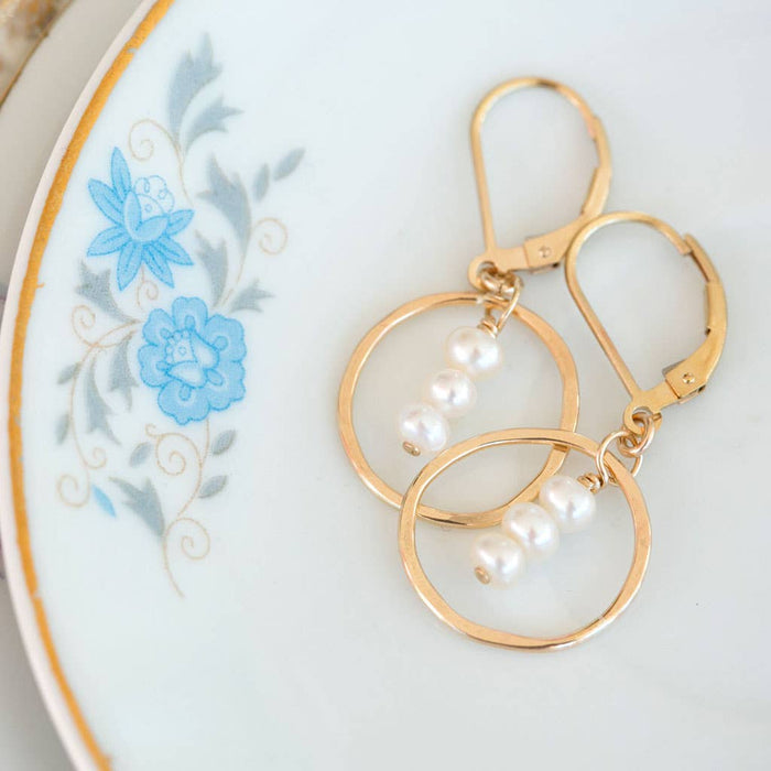 Treble Dainty Three Pearl Circle Earrings - gold filled