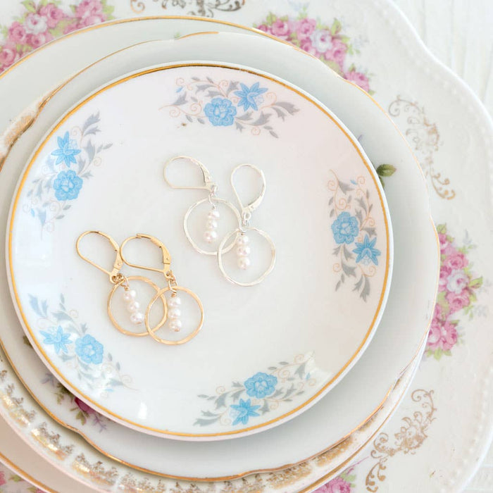 Treble Dainty Three Pearl Circle Earrings - gold filled