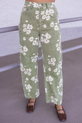 Women's washed olive twill floral print wide leg barrel pants by Entro
