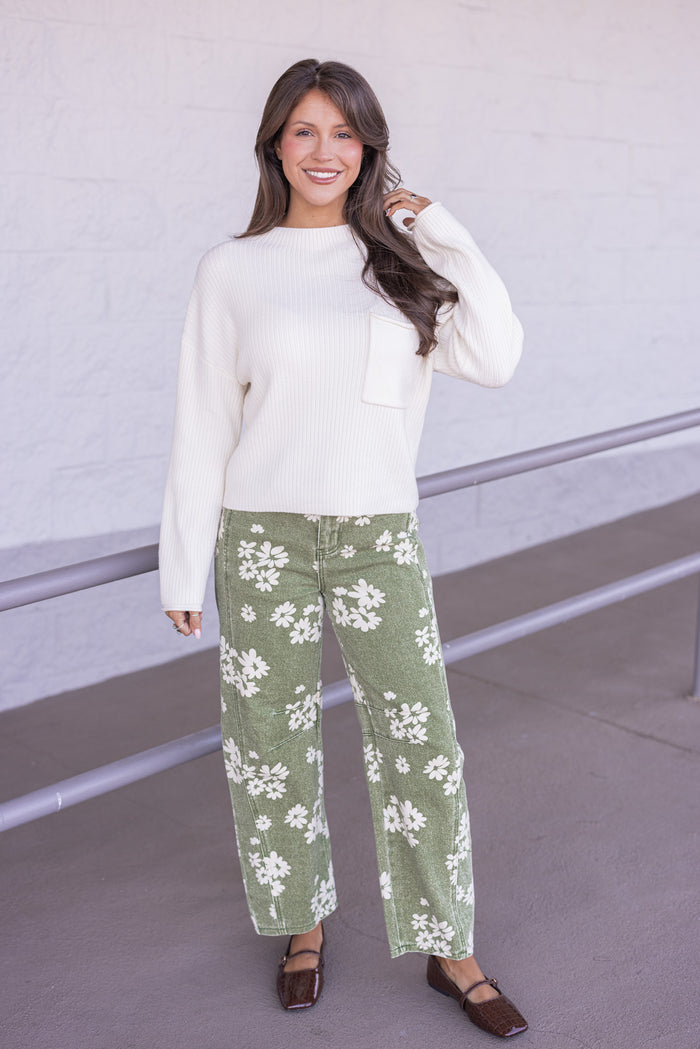 Women's washed olive twill floral print wide leg barrel pants by Entro, perfect for the fall season