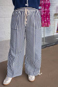 Women's dark blue and cream striped wide leg jogger pants with cinch ankle by &merci