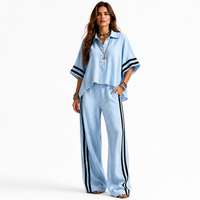 Two piece pants set for women with short sleeve shirt and loose trousers, styled for summer casual commute outfits today look
