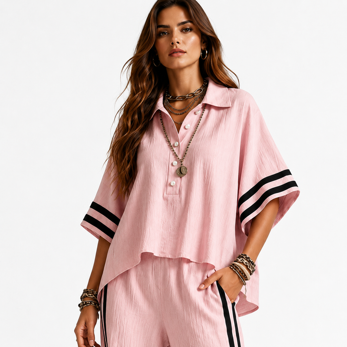 Polyester short sleeve shirt and loose trousers set for women, designed for relaxed summer days and daily wear with easy fit.
