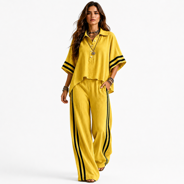 Elegant commute two piece set for women with patchwork detail, loose full-length pants and short sleeve top for summer outfit