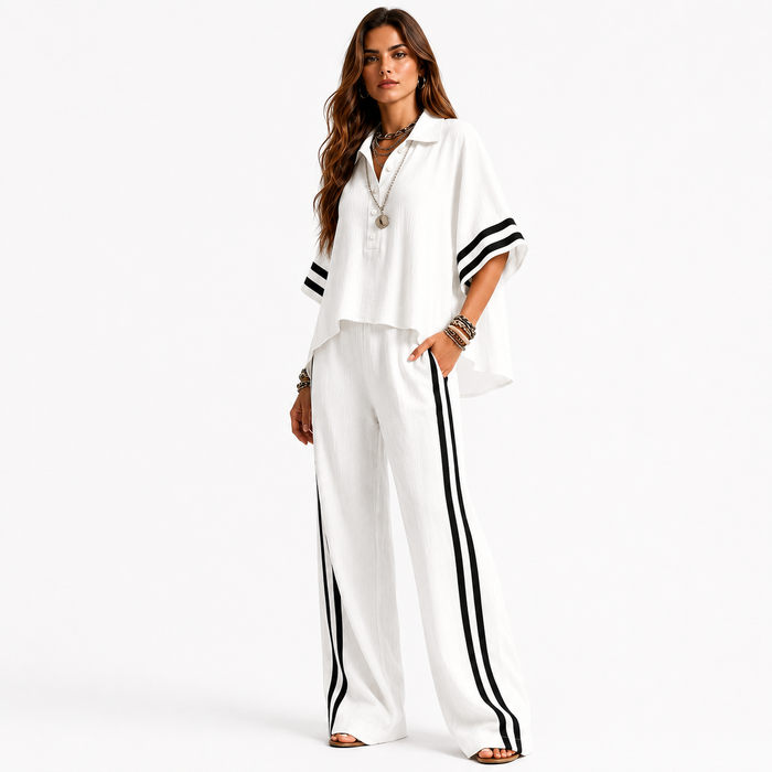 Casual women shirt and trousers set in polyester fabric, made for summer comfort, travel and everyday styling with easy style